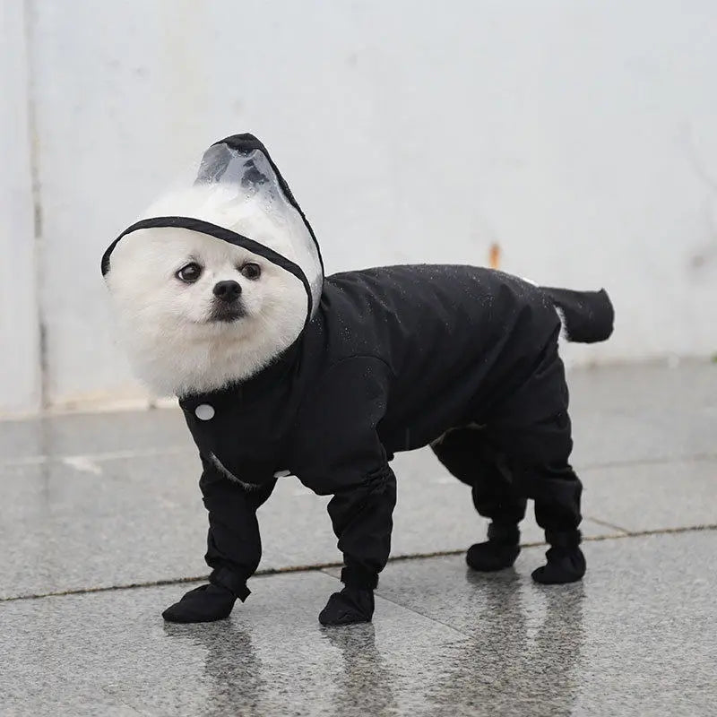 Waterproof 4-Leg Dog Raincoat with Hood & Attached Boots đ¶