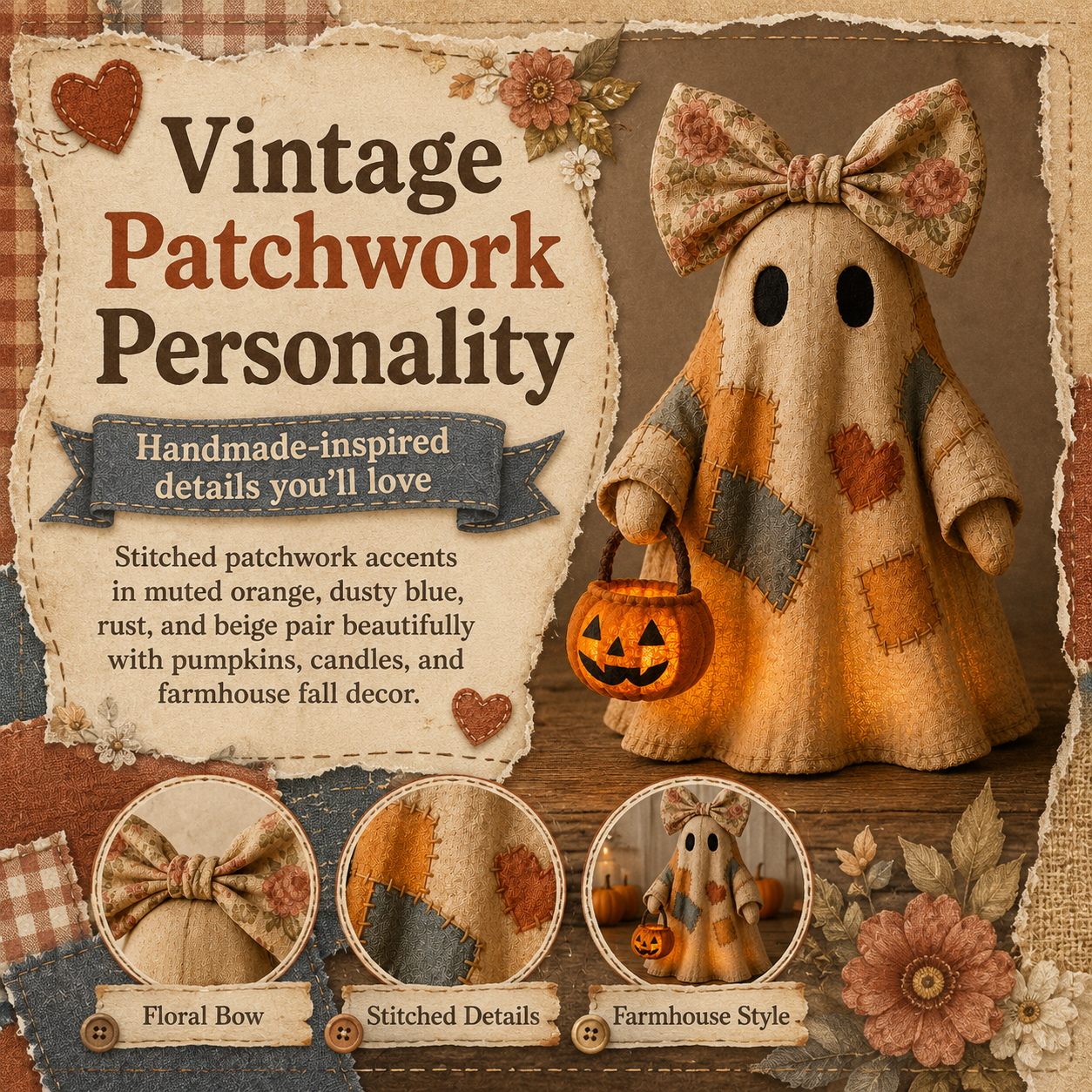 🔥 40% OFF TODAY - 👻🎃 Vintage Patchwork Ghost Decor✨ LED Pumpkin Lantern