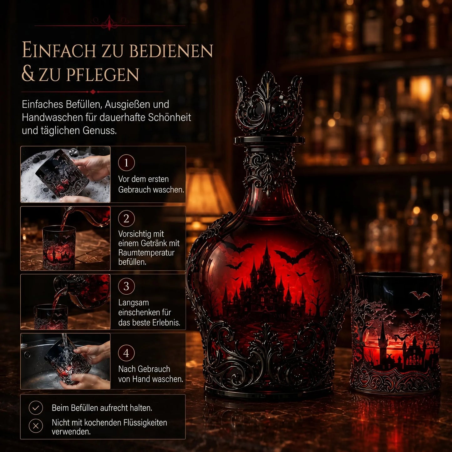 🦇 Gotische Vampirschloss-Whiskykaraffe & Whiskyglas