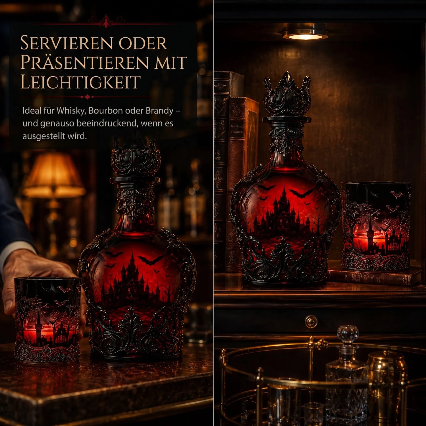 🦇 Gotische Vampirschloss-Whiskykaraffe & Whiskyglas