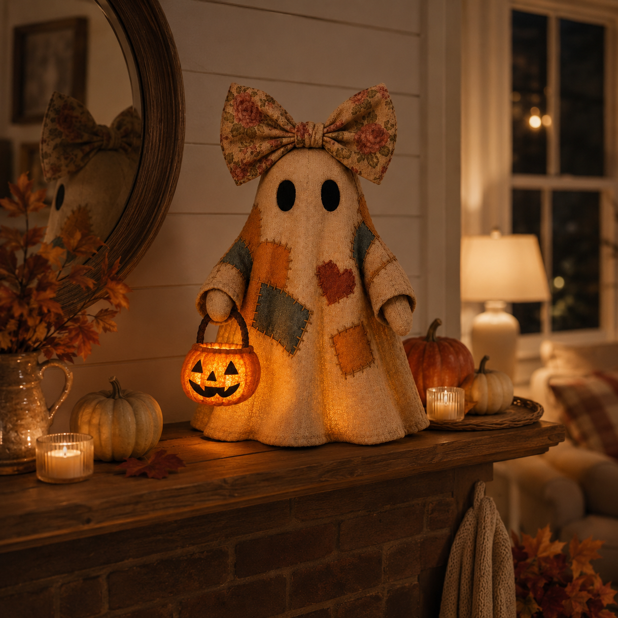 🔥 40% OFF TODAY - 👻🎃 Vintage Patchwork Ghost Decor✨ LED Pumpkin Lantern