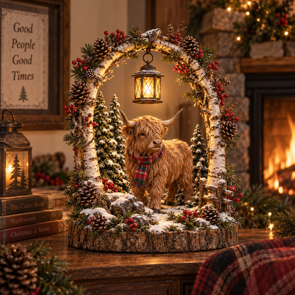 🐮 Highland Cow Christmas Woodland Lantern Decor 🎄 – Rustic Lighted Farmhouse Winter Tabletop Decoration 🎁