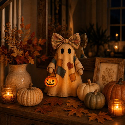 🔥 40% OFF TODAY - 👻🎃 Vintage Patchwork Ghost Decor✨ LED Pumpkin Lantern