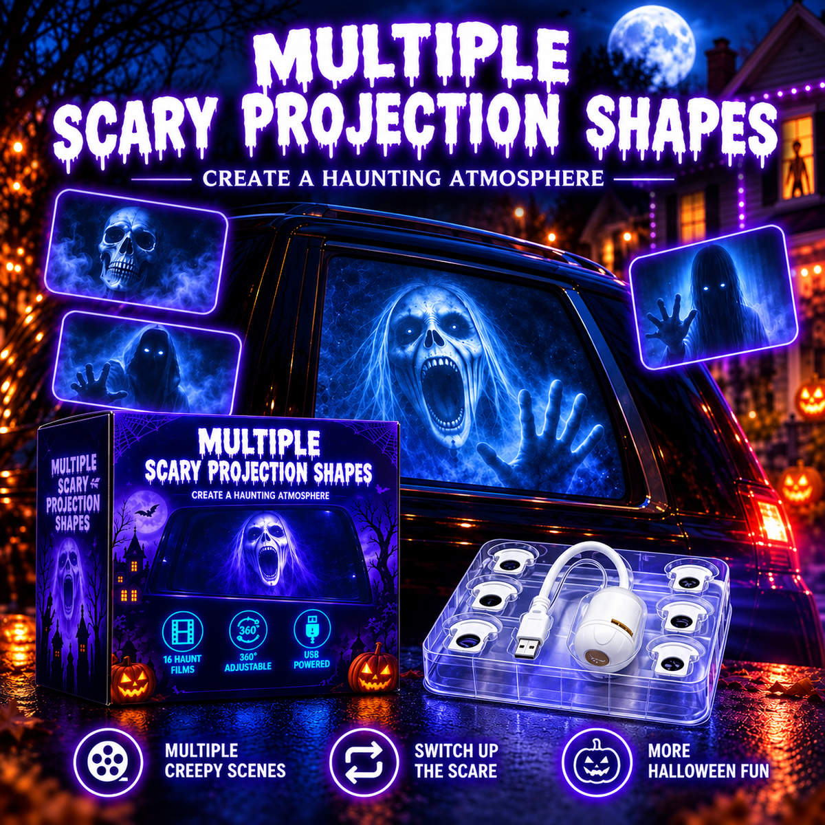 👿 Halloween Window Projector — Spooky Films, USB Powered Holiday Decor