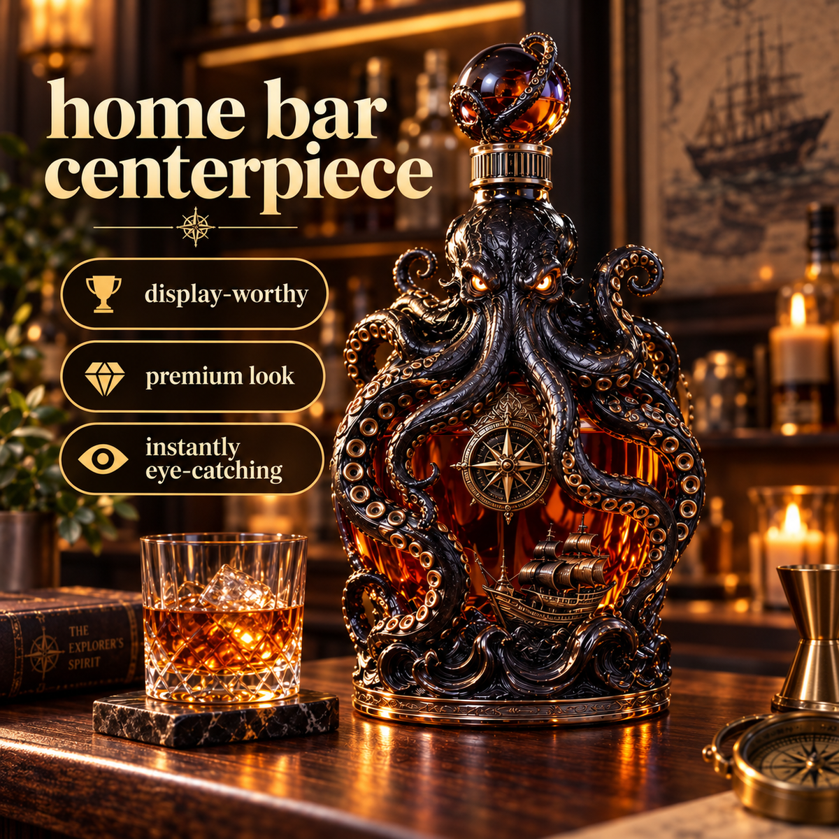 🐙Tiworld Voyage Octopus Whiskey Decanter | Gothic Nautical Bar Centerpiece