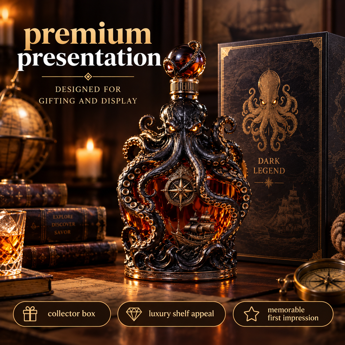 🐙Tiworld Voyage Octopus Whiskey Decanter | Gothic Nautical Bar Centerpiece