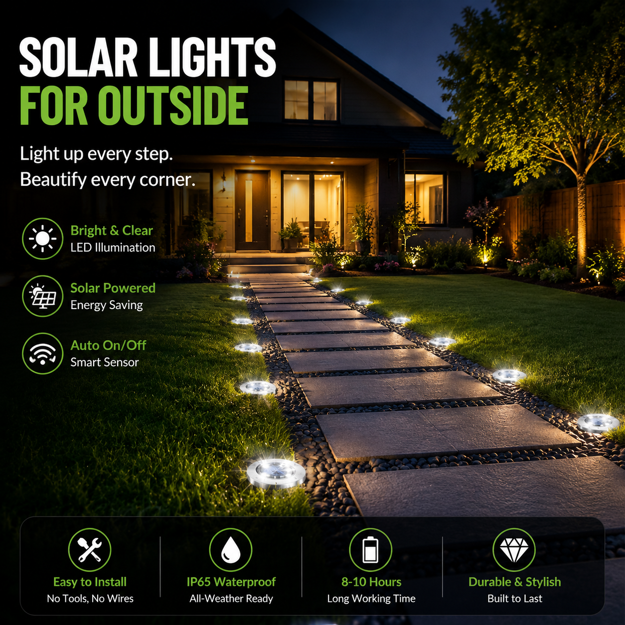8-LED Solar Garden Light – IP65 Waterproof, Auto Sensor, Wireless