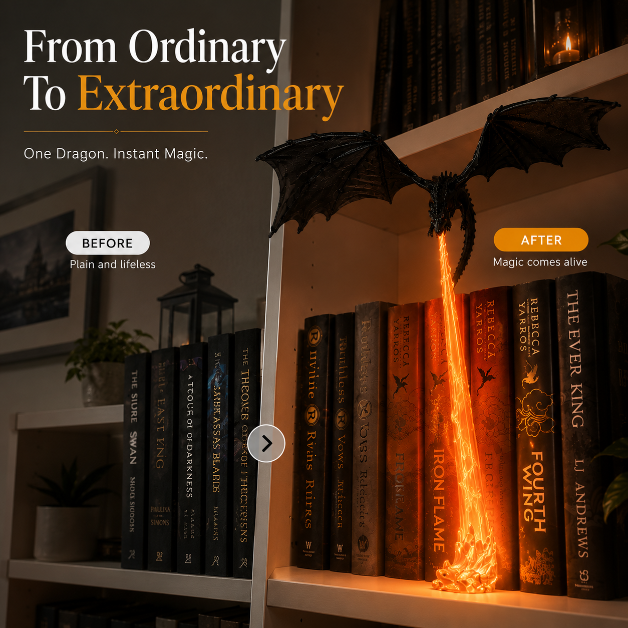 🐉 Fire-Breathing Dragon Bookshelf Decor Lamp + LED Flame Light Kit