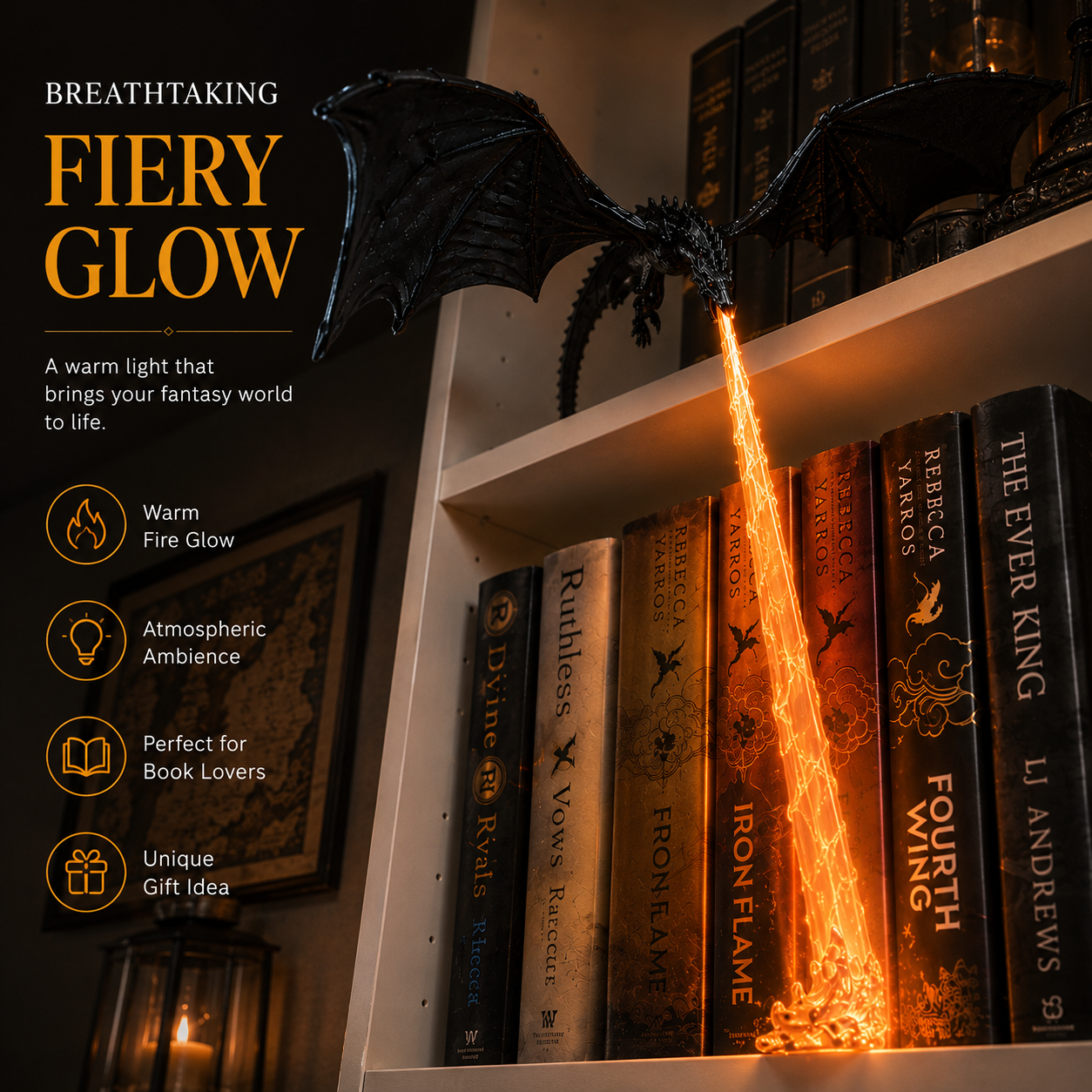 🐉 Fire-Breathing Dragon Bookshelf Decor Lamp + LED Flame Light Kit