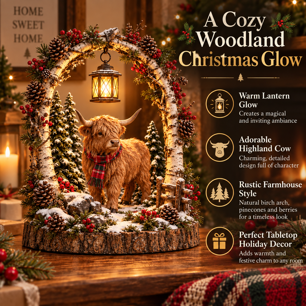 🐮 Highland Cow Christmas Woodland Lantern Decor 🎄 – Rustic Lighted Farmhouse Winter Tabletop Decoration 🎁