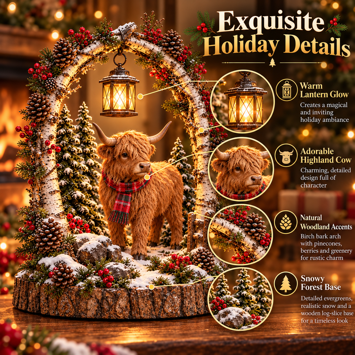🐮 Highland Cow Christmas Woodland Lantern Decor 🎄 – Rustic Lighted Farmhouse Winter Tabletop Decoration 🎁