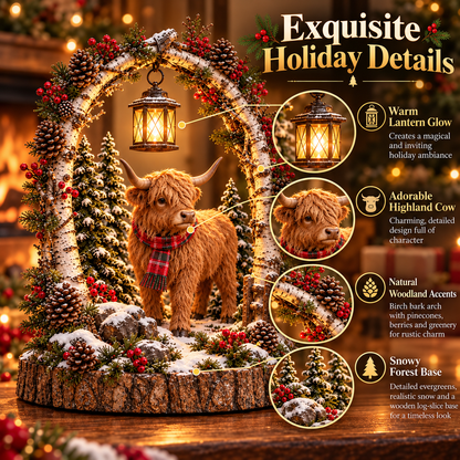 🐮 Highland Cow Christmas Woodland Lantern Decor 🎄 – Rustic Lighted Farmhouse Winter Tabletop Decoration 🎁