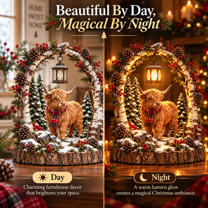 🐮 Highland Cow Christmas Woodland Lantern Decor 🎄 – Rustic Lighted Farmhouse Winter Tabletop Decoration 🎁