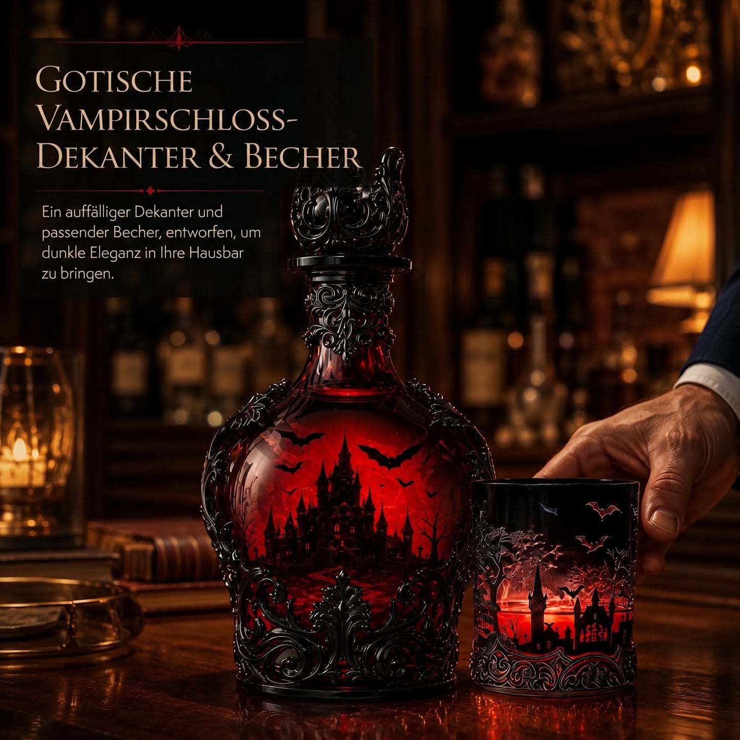 🦇 Gotische Vampirschloss-Whiskykaraffe & Whiskyglas